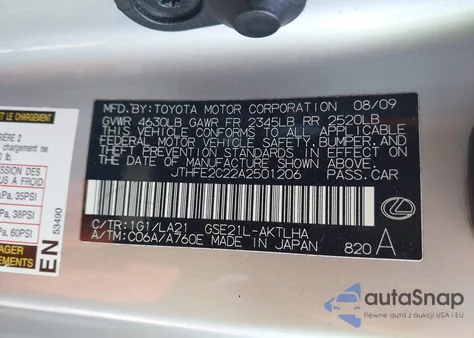2010 Lexus Is 350C from USA, damaged, VIN JTHFE2C22A2501206